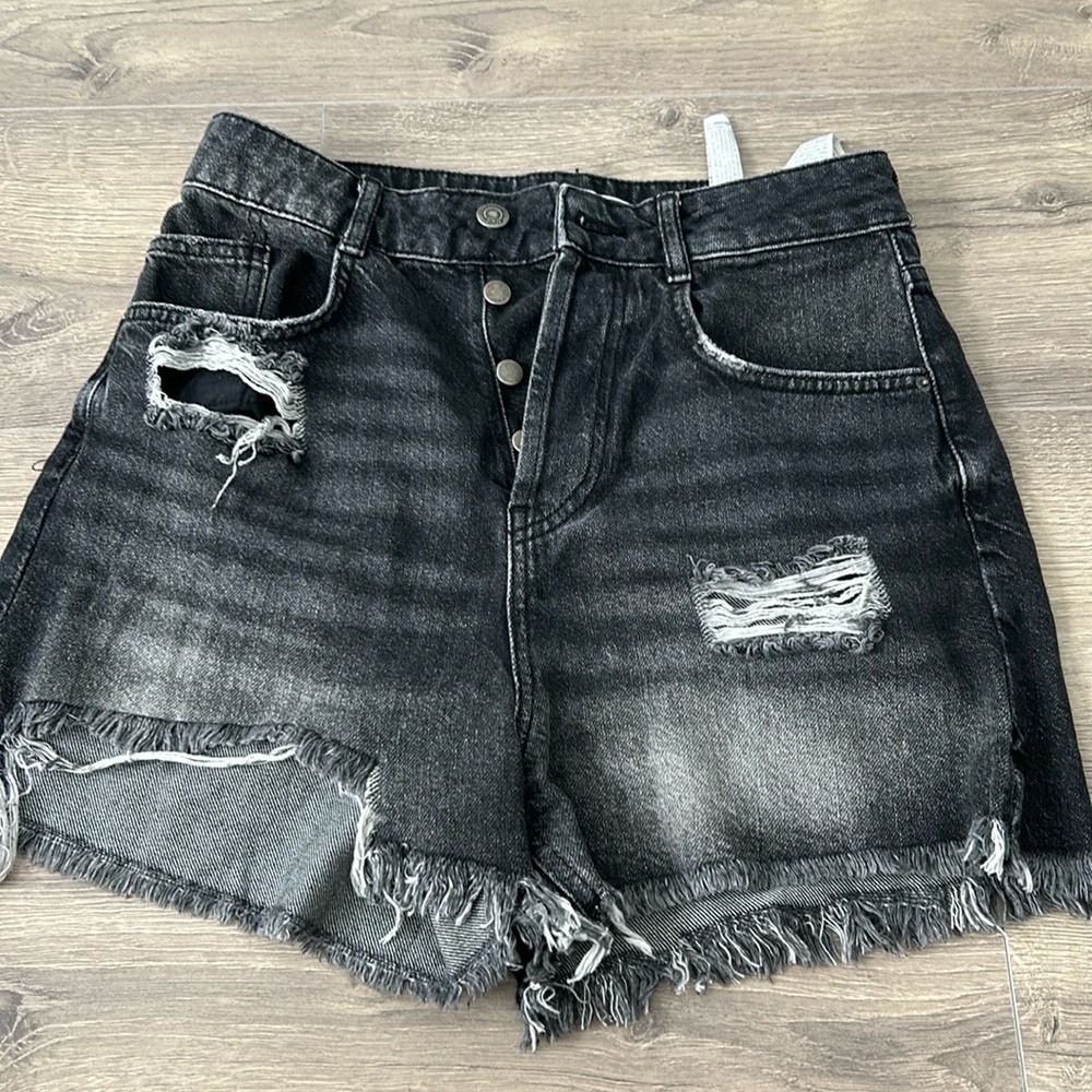 Distressed Black Denim Shorts